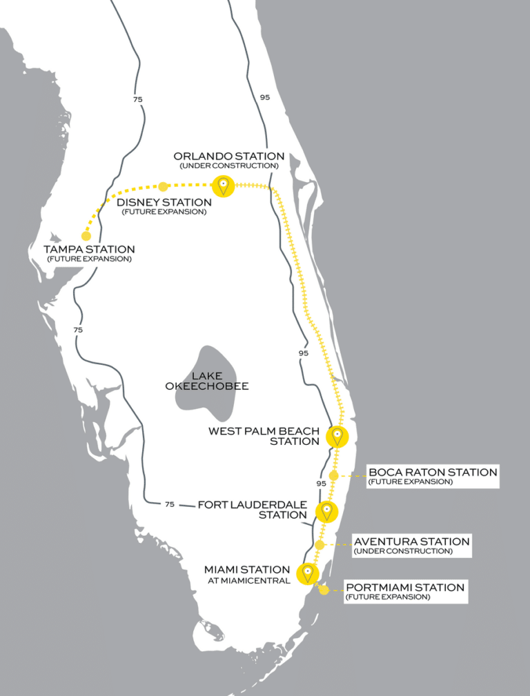 A Glimpse On Brightline The Upcoming Train System In Florida   Brightlines Florida Route Map 768x1009 